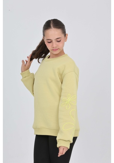 Toontoy Kız Çocuk Relax Fit Bisiklet Yaka Düşük Omuz Sweatshirt Açık Yeşil