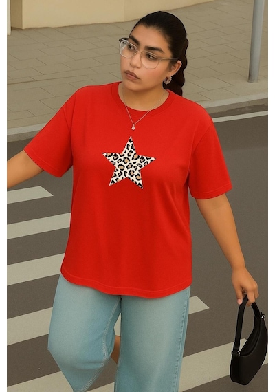 Büyük Beden Yıldız Leopar Baskılı Unisex Tişört Kırmızı