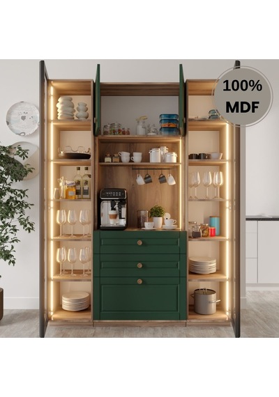 Afra Kahve Köşesi Dolabı %100 Mdf Temperli Cam Hazır Mutfak Dolabı Yeşil