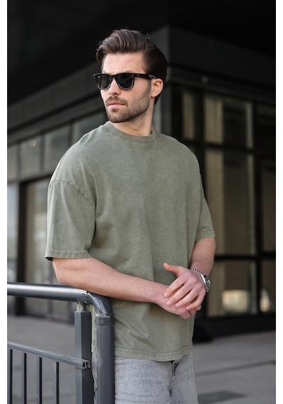 Madmext Haki %100 Pamuklu Oversize Erkek Tişört E7178 Haki