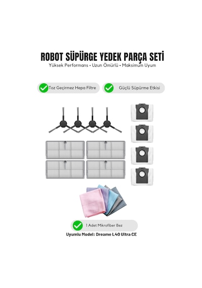 Dreame L40 Ultra Ce İle Uyumlu 4 Yan Fırça 4 Filtre 4 Toz Torbası 1 Temizlik Bezi 14.0