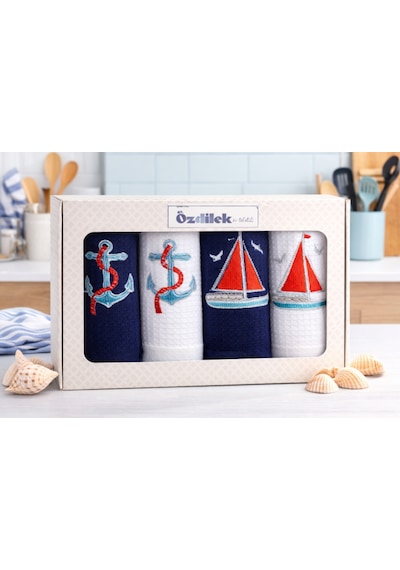 Özdilek Deniz Temalı 4 Lü Nakışlı Mutfak & El Havlusu Seti 40x60 Cm %100 Pamuk Ultra Yumuşak, Yüksek Emicilik, Şık Hediye Kutulu 4 Renk