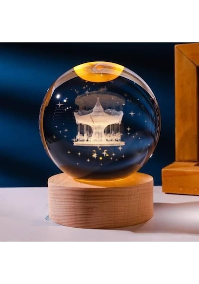 3d Kristal Cam Küre Ahşap Kaideli Gece Lambası - Atlıkarınca