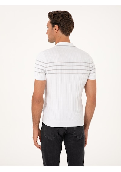 Beyaz Slim Fit %100 Pamuk Fermuarlı Polo Yaka Triko T-shirt