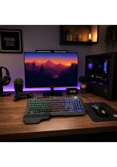 Gaming Klavye Mekanik Hisli Bilek Destekli Kablolu Rainbow Işıklı Oyuncu Klavye