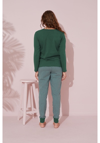 Siyah İnci Düğmeli Pamuklu Örme Pijama Takım 24240143 Yeşil