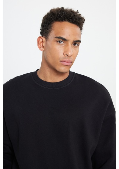 AC&Co / Altınyıldız Classics Erkek Sıyah Oversize Fit Bol Kesim Pamuklu İçi Polarlı Bisiklet Yaka Sweatshirt Siyah