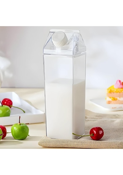 4 Lü Set 1000 Ml Şeffaf Süt Kutusu Tasarımlı Akrilik Matara - Buzdolabı İçi Düzenleyici Şişe