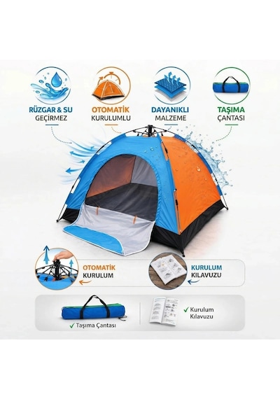 6 Kişilik Otomatik Kurulum Kamp Çadırı Outdoor Aile, Doğa, Suya Dayanıklı Hızlı Kurulum Çadır 220x Çok Renkli