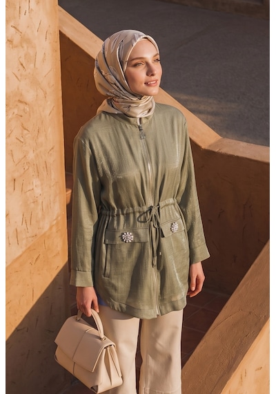 Armine Trend Beli Büzgülü Süs Cep Detaylı Tunik Küf Yeşili 26yt424