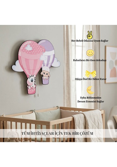 Gece Lambası Hava Balonu Bebek Çocuk Odası Duvar Dekorasyonu Aydınlatma Ahşap Gece Led