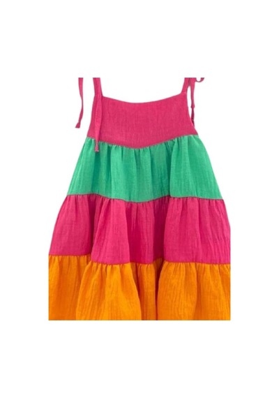Çikoby Kız Bebek Çocuk Renkli Fırfırlı Askılı Elbise-13880 Fuşya