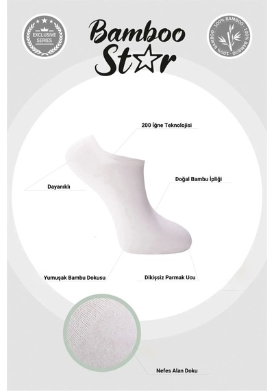Bamboo Star Bambu Kadın Sneaker 3 Siyah - 3 Beyaz Çorap Dikişsiz Bilekte Görünmez Spor Çorap Premium 6'lı Paket Siyah - Beyaz