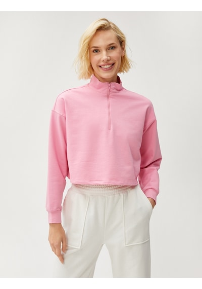 Koton Crop Sweatshirt Yarım Fermuarlı Dik Yaka Pembe 3sak10196ek Gülkurusu
