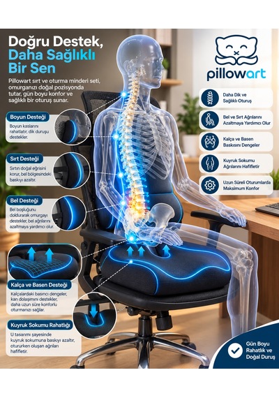 Pillowart Ortopedik Visco Minder 2 Li Set Sırt Bel Omurga Destekli Yastık Ve Kuyruk Sokumu Oturma Minderi