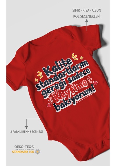 Morivokids Kalite Standartlarım Mesajlı Kısa Kollu Bebek Body %100 Pamuk Kırmızı