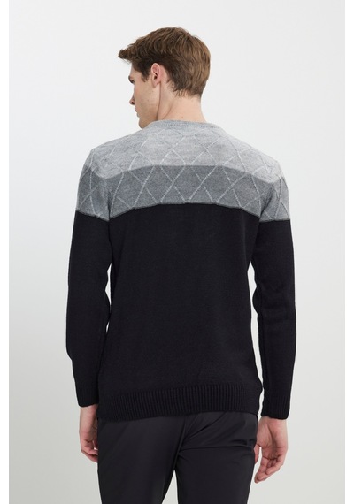 AC&Co / Altınyıldız Classics Erkek Grı-sıyah Standart Fit Normal Kesim Bisiklet Yaka Colorblock Desenli Triko Kazak Grı-sıyah