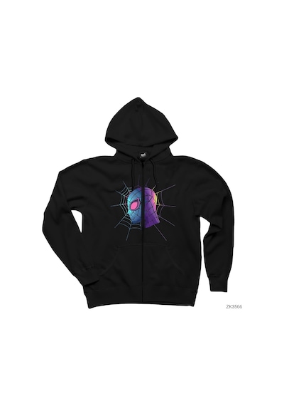 Spiderman Spider Web Siyah Fermuarlı Kapşonlu Sweatshirt Siyah