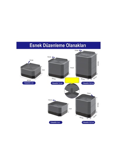 Tineke Robot Süpürge Mobilya Ayağı Ve Dolap Yükseltici Ayak Kaydırmaz Ve Yükseltici 4 Lü Gri Kare 4