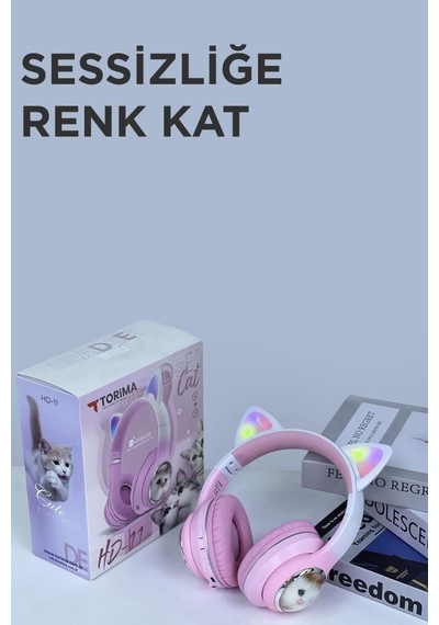 Premium Okul Gereci Taşınabilir Set Hd11 Pembe Sevimli Kedi Karikatür Kulaklık