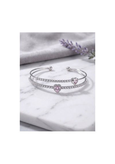 Vip Silver Pembe Kalp Taşlı Kelepçe Gümüş