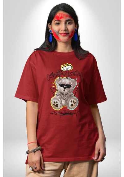 Gerçeklikten Uzak Tutun Pamuklu Bisiklet Yaka Unisex Oversize Boyfriend Dijital Baskılı Kırmızı T-shirt Kırmızı