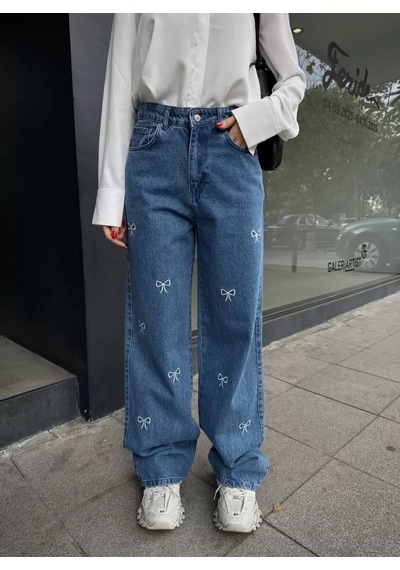 Paradise Drop Fiyonk Nakışlı Bol Kesim Jean Çok Renkli