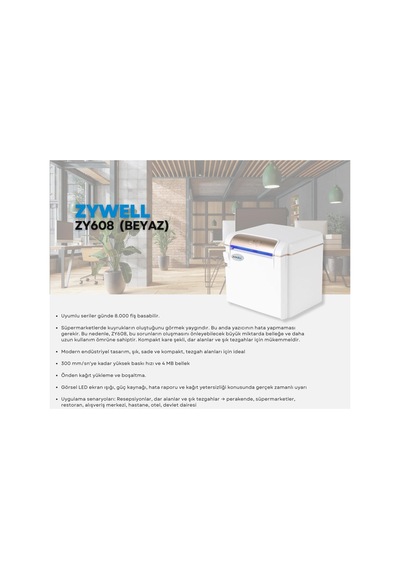 Zywell Zy608 Thermal / Otomatik Kesicili Usb+seri+ethernet Slip / Fiş Yazıcı 300mm/s / 80mm Beyaz