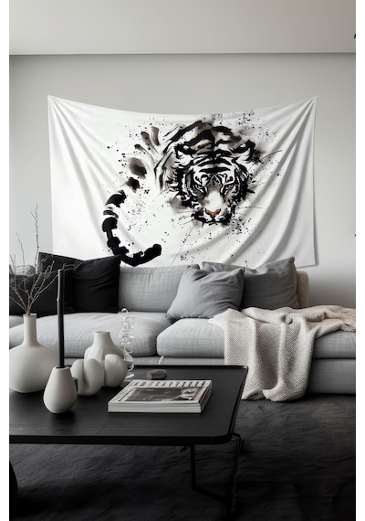 Beyaz Kaplan Desenli Duvar Halısı Duvar Örtüsü Tapestry Süet Dokulu Kumaş