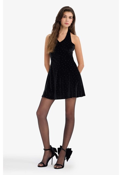Defacto Halter Yaka Taşlı Kadife Mini Elbise G5952ax25wnbk81 Siyah-bk81