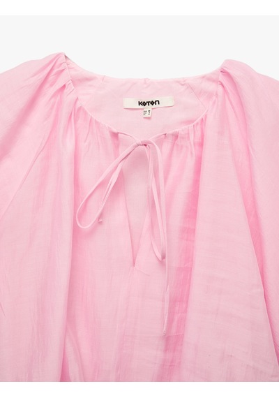 Koton Yuvarlak Bağcıklı Yaka Balon Kollu Crop Bluz Pembe 6sak60291ew Gül