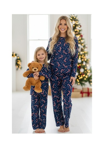Siyah İnci %100 Pamuklu Puanlı Şeker Baston Desenli Yılbaşı Temalı Örme Pijama Takım Lacivert Puanlı Baston