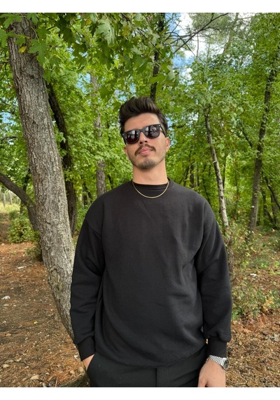 Erkek Oversize Bisiklet Yaka Basic Sweatshirt SIYAH