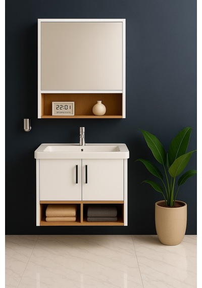 Dmz Home Concept Legna 65 Cm Banyo Dolabı Takımı Beyaz & Ahşap Mdf Seramik Lavabolu Alt Ve Üst Dolap