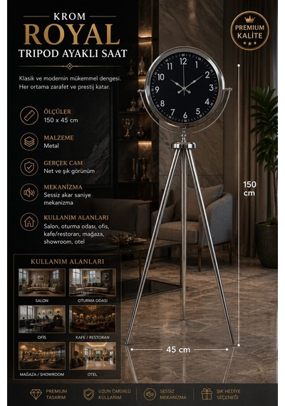 Krom Royal 150 X 45 Cm Metal Tripod Ayaklı Saat