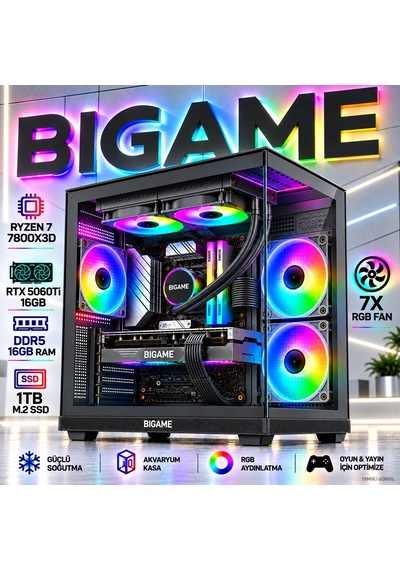 Bigame HYPER-V7 R7-7800X3D 16 GB 16 GB 1 TB M2 SSD RTX5060Ti Free Dos Masaüstü Oyuncu Bilgisayarı