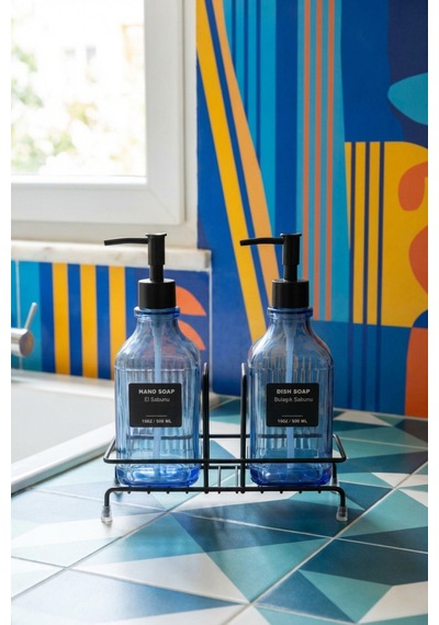 Makri Home Modern Çizgili Desenli Cam Ikili Sıvı Sabunluk & Deterjanlık Seti, Mavi - 500 Ml Cam Sabunluk Mavi