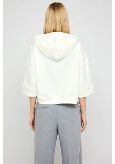 Benerly Kadın Kapüşonlu Truvakar Kol Fermuar Detaylı Oversize Sweatshirt Ekru