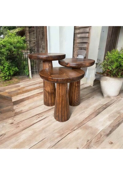 Ahşap Mantar Sehpa 3 Lü Set Ceviz Renk Masif Doğal Fiskos Sehpa Zigon Takımı - Wooden Side Table Ceviz