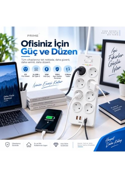 Termal Akım Korumalı, 8'li Priz Soketi, Isıya Dayanıklı Yapı, 8x Priz, 2x Usb, 2x Type-c Girişi, 20w Hızlı Şarj, Çocuk Korumalı Çoğaltıcı, 2 Metre Uzatma Kablosu 230v/16a/1050j