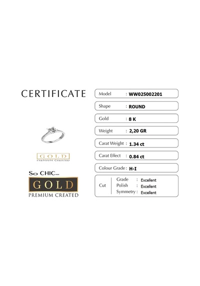 Beyaz Altın Sertifikalı Premium Created Taşlı 0.84 Ct Effect Tektaş Yüzük