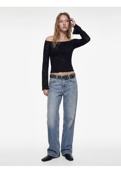 Koton Uzun İspanyol Kollu Slim Fit Omzu Açık Tül Dantelli Tişört Siyah 6wal10661ık
