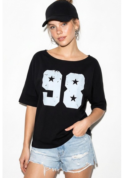 Shade Kadın Kayık Yaka Baskılı Oversize %100 Pamuk T-shirt Öt100005 60286270 - Siyah