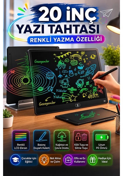 20 Inc Renkli Lcd Grafik Dijital Kalemli Çizim Tableti Yazı Tahta Not Yazma Eğitim Tableti Siyah Aklby-bsva58