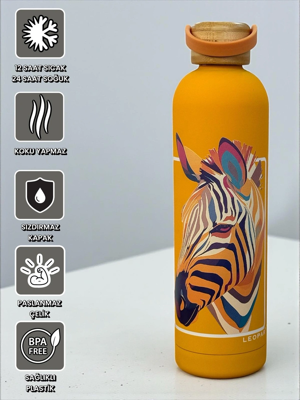 Bambu Kapaklı Turuncu Renk Zebra Figürlü 1000 Ml Paslanmaz Çelik Termos Turuncu