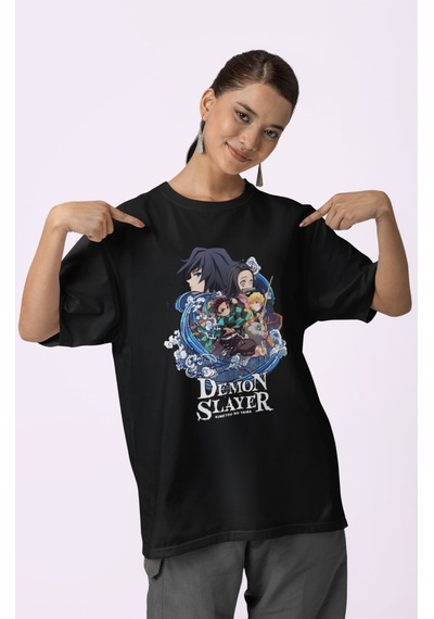 Sevbano Demon Slayer Kimetsu No Yaiba Baskılı Unisex Oversize Anime Dizi Siyah