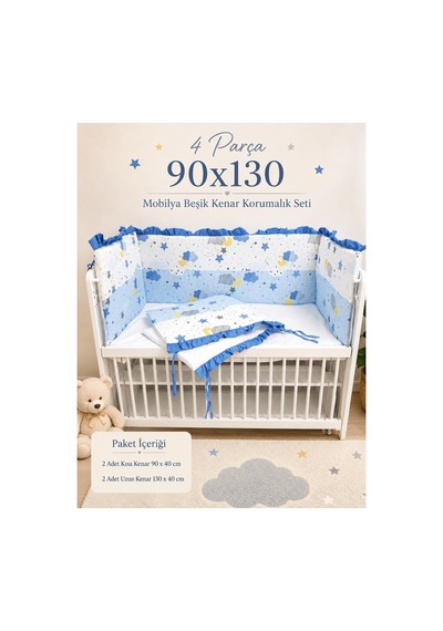 90x130 Mobilya Beşik Koruma Seti - 4 Parça Rüya Serisi Mavi Fırfırlı