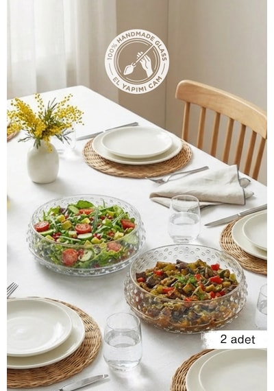 Selen Concept Bubble Model Büyük Boy El Yapımı Cam Salata Ve Sunum Kasesi 2li Set