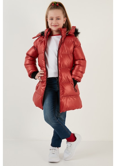 Lela Peluş Astarlı Yakası Suni Kürklü Çıkarılabilir Kapüşonlu Kışlık Kız Çocuk Mont 5761908 Kırmızı
