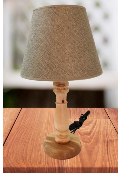 Vizon Kumaş Başlık Doğal Ahşap Ayaklı Modern Abajur 45x25 Cm